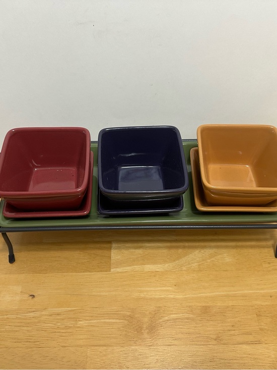 The Pampered Chef Other - Pampered Chef Multicolor Ceramic Serving Bowl Set - Burgundy, Navy & Yellow